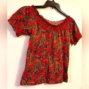 Lauren Ralph Lauren Paisley Stretchy Smocked Trim Blouse Size PXS
